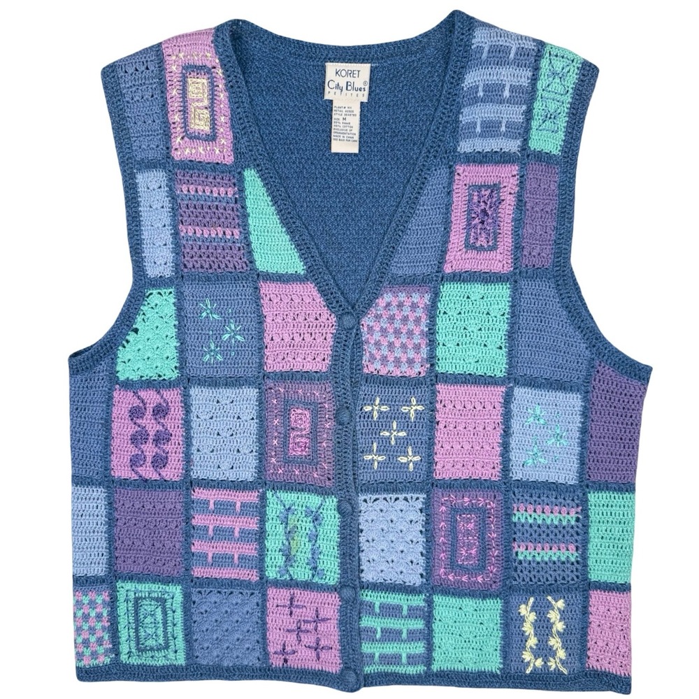 Vintage Crochet Patchwork Sweater Vest Cottagecore Granny Square Boho - Picture 5 of 7